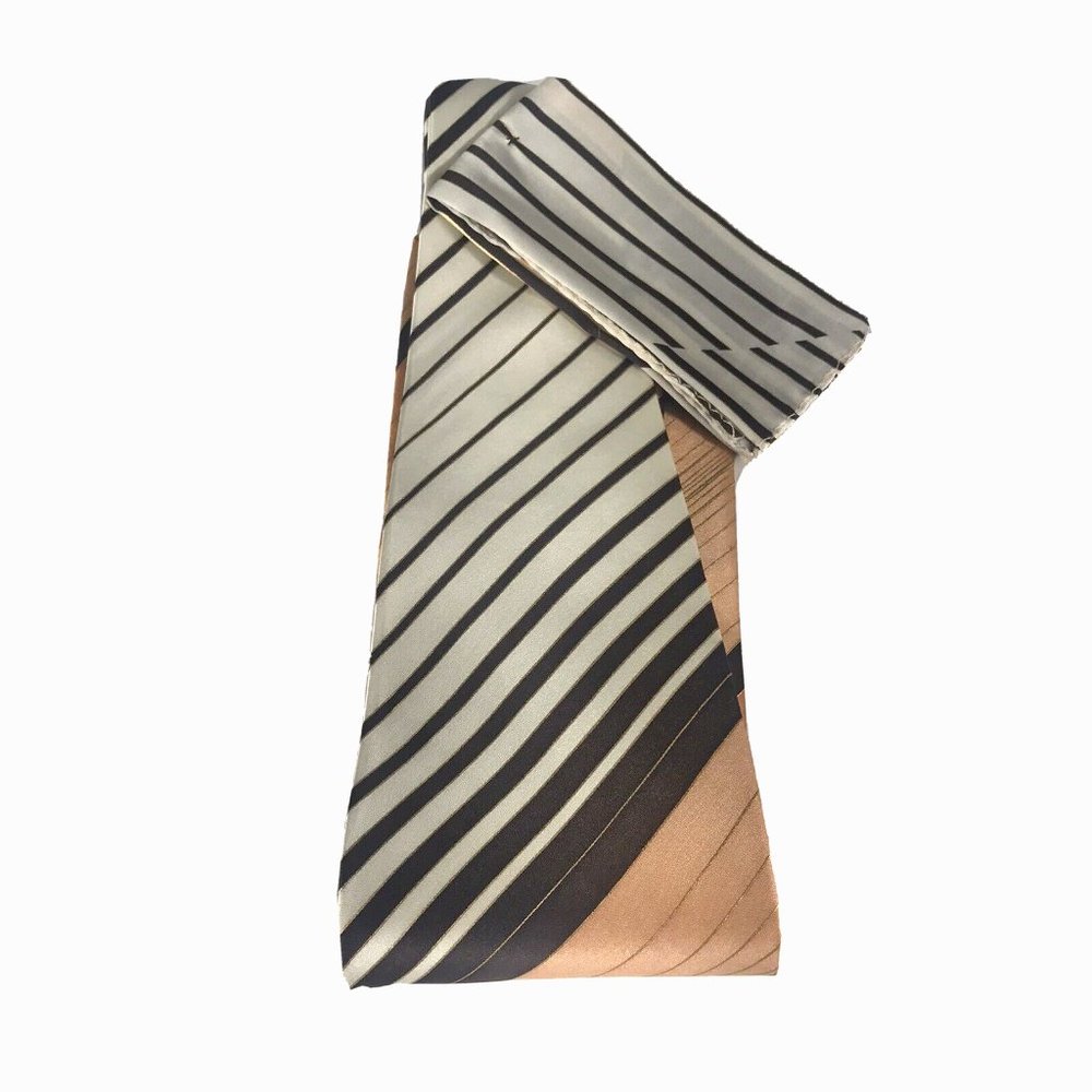 Henri Picard Men's Tie and Hanky Set Brown, Cream, Gold and Light Melon Striped